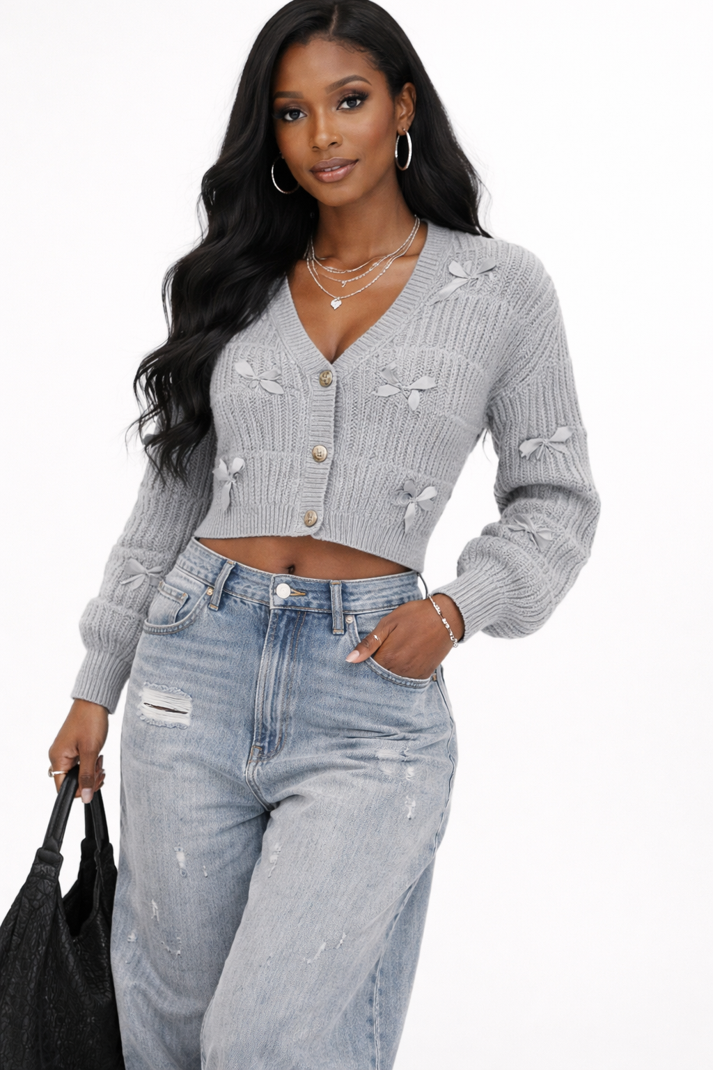 Ribbon Bow Cropped Cardigan Sweater