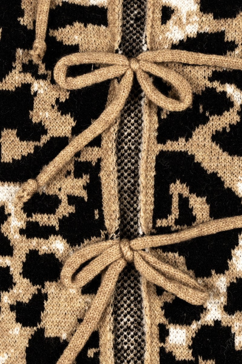 Leopard Lace-Up Bow Cardigan Sweater