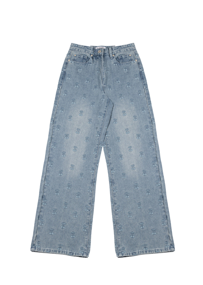 Cherry Embroidered Wide-Leg Jeans