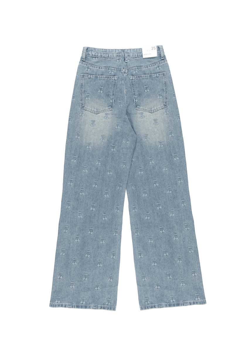 Cherry Embroidered Wide-Leg Jeans
