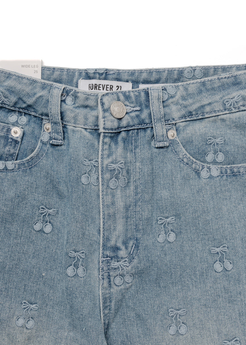 Cherry Embroidered Wide-Leg Jeans