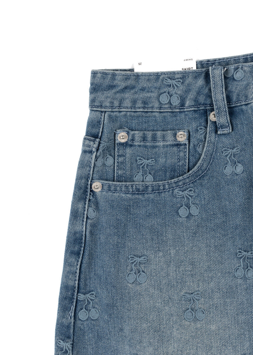 Cherry Embroidered Denim Mini Skirt