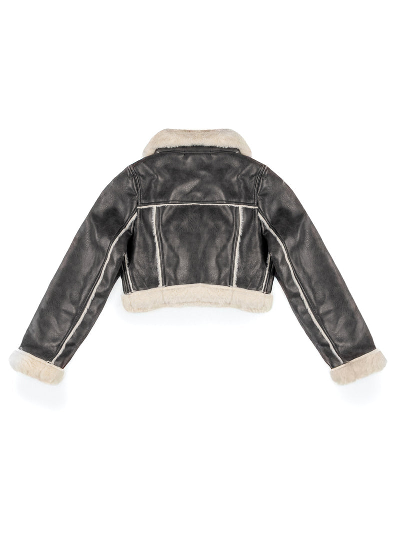 Cropped Faux Leather & Shearling Moto Jacket