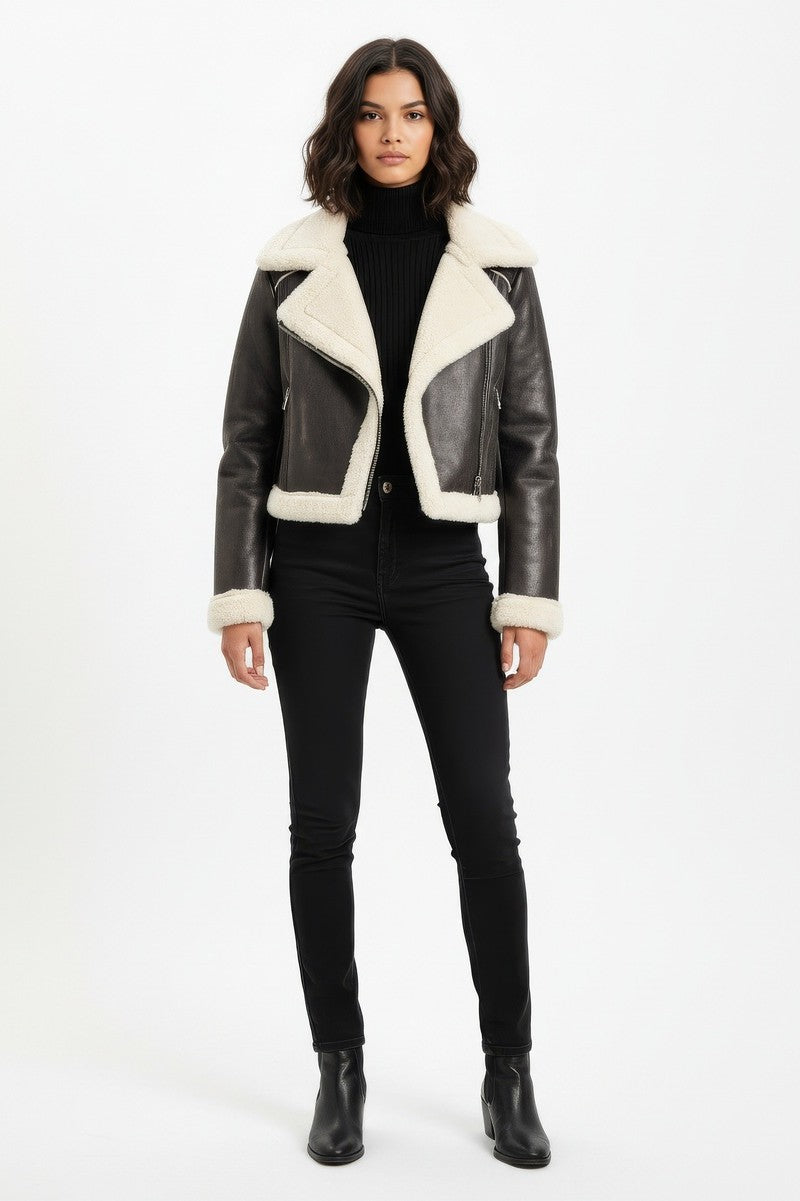 Cropped Faux Leather & Shearling Moto Jacket