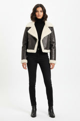 Cropped Faux Leather & Shearling Moto Jacket