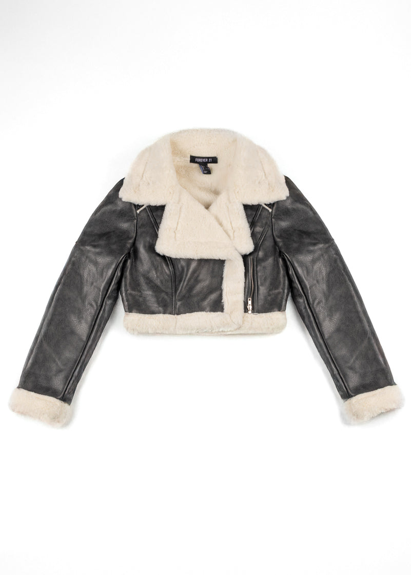 Cropped Faux Leather & Shearling Moto Jacket
