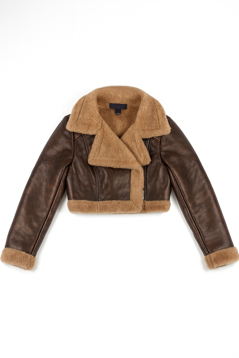 Cropped Faux Leather & Shearling Moto Jacket