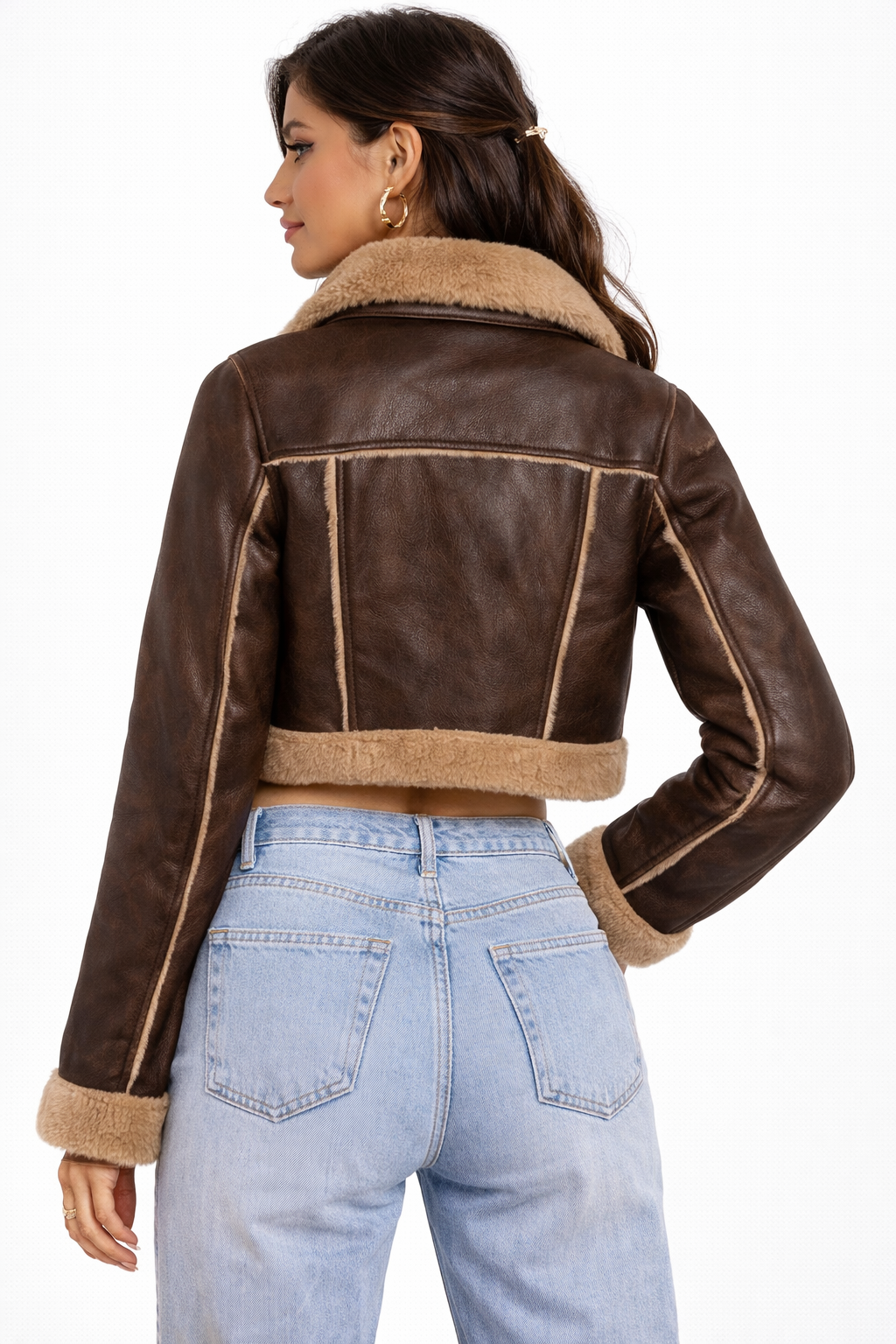 Cropped Faux Leather & Shearling Moto Jacket