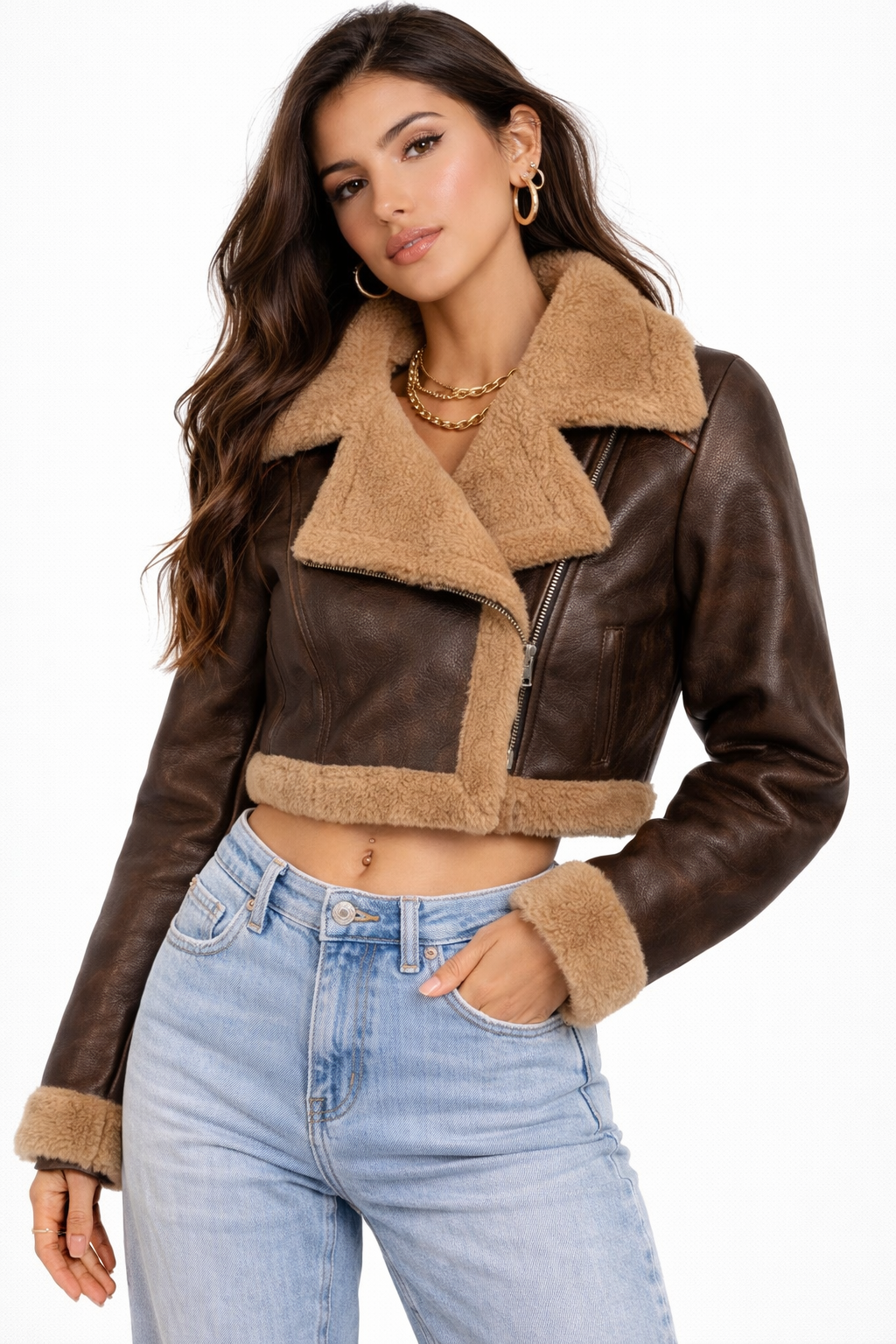 Cropped Faux Leather & Shearling Moto Jacket