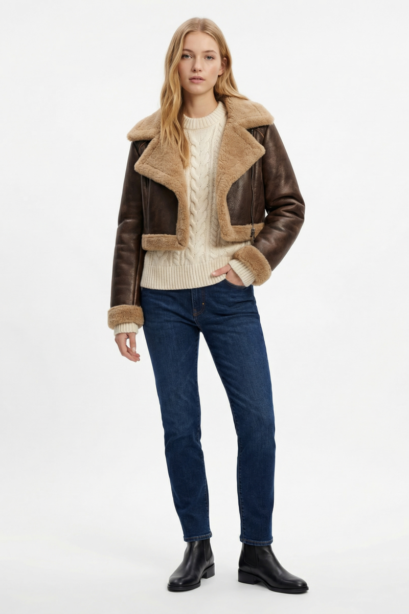 Cropped Faux Leather & Shearling Moto Jacket