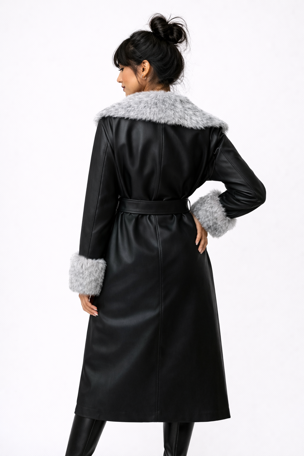 Faux Leather & Faux Fur-Trim Trench Coat