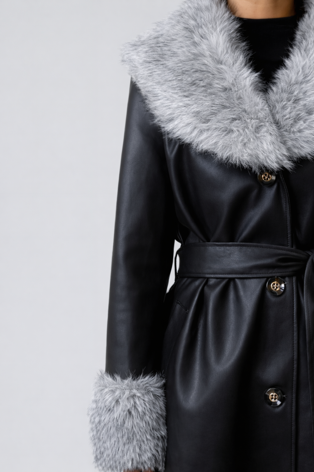 Faux Leather & Faux Fur-Trim Trench Coat