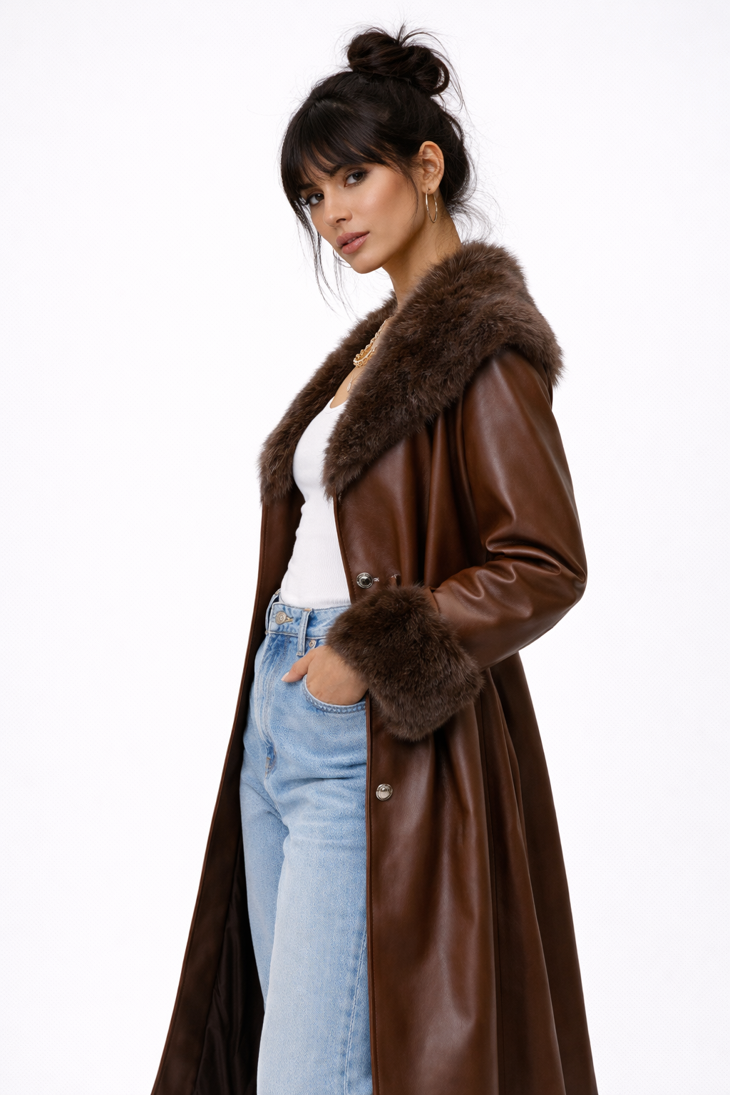 Faux Leather & Faux Fur-Trim Trench Coat