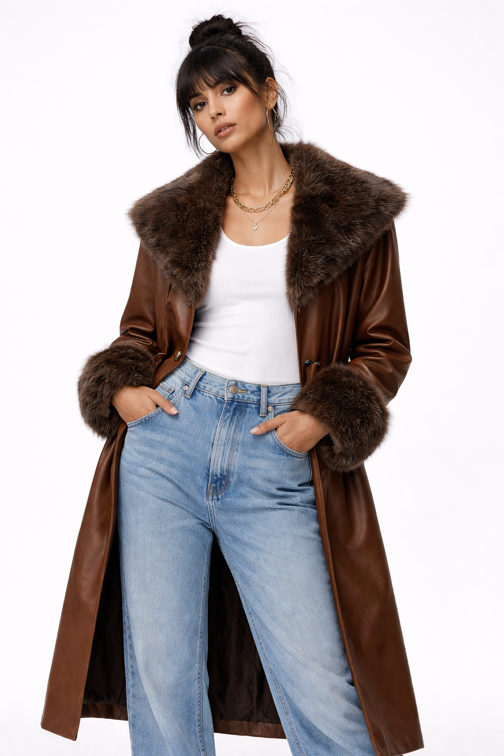 Faux Leather & Faux Fur-Trim Trench Coat