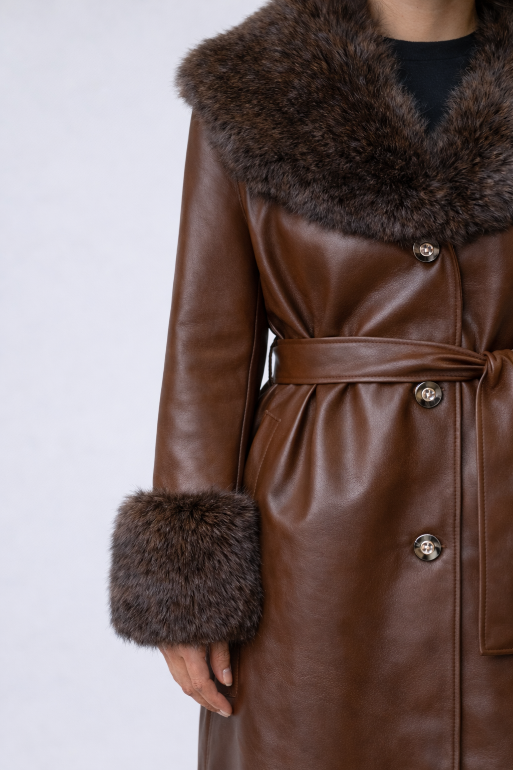 Faux Leather & Faux Fur-Trim Trench Coat