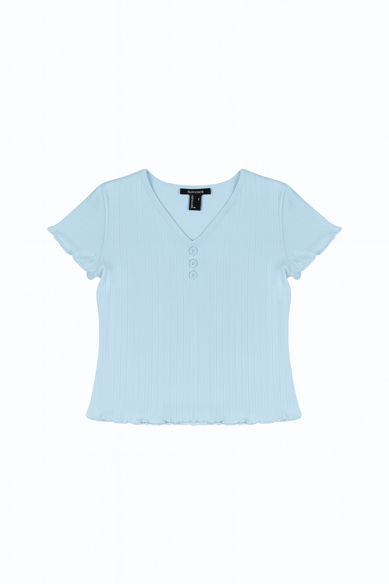 Ribbed Lettuce-Edge Henley Tee