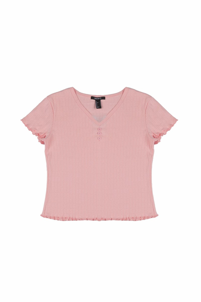 Ribbed Lettuce-Edge Henley Tee