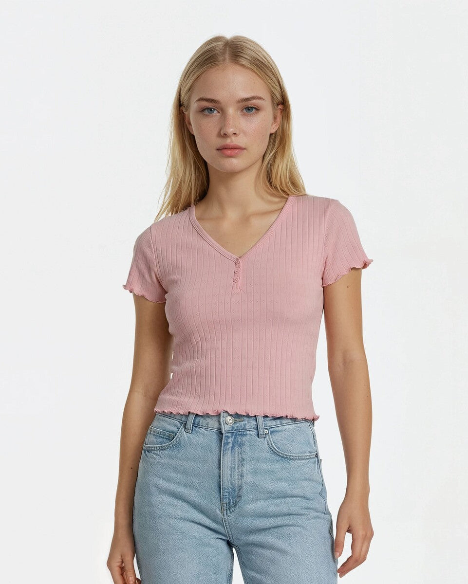 Ribbed Lettuce-Edge Henley Tee