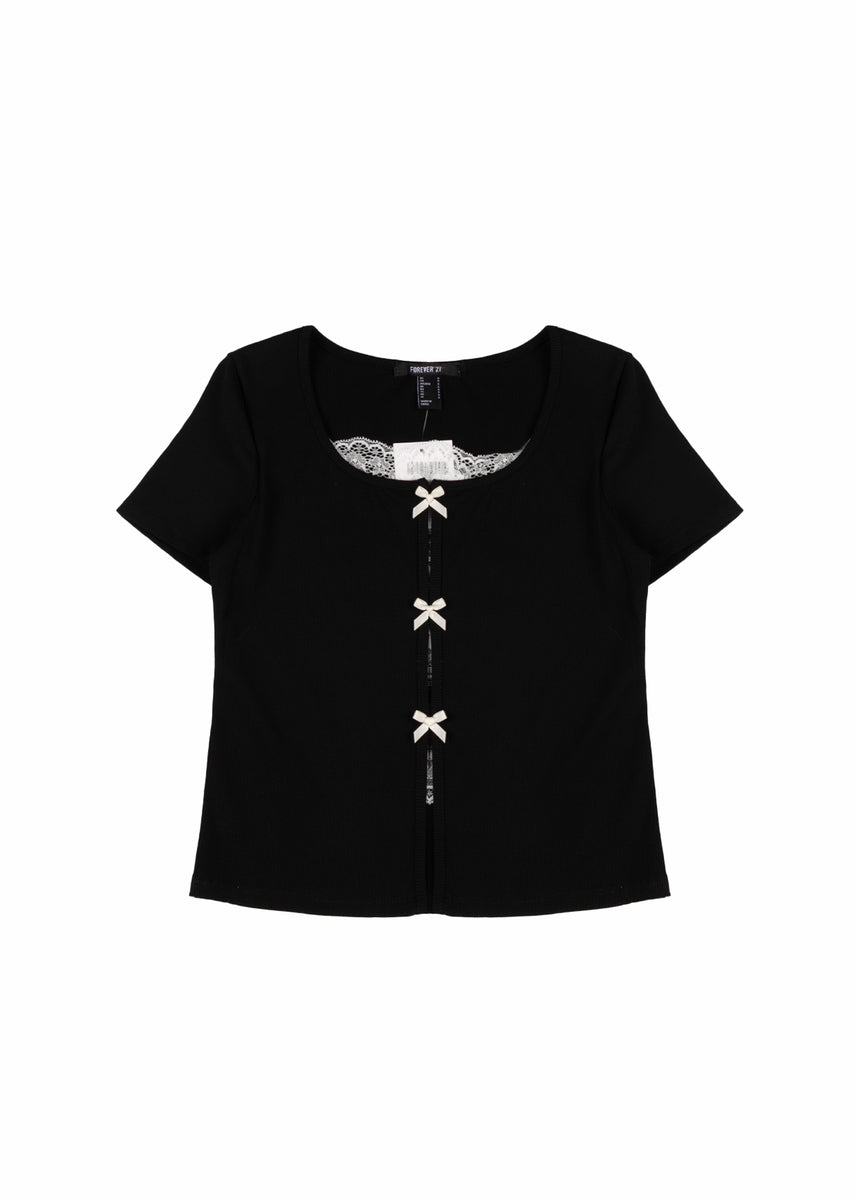 Ribbed Lace-Trim Bow Top