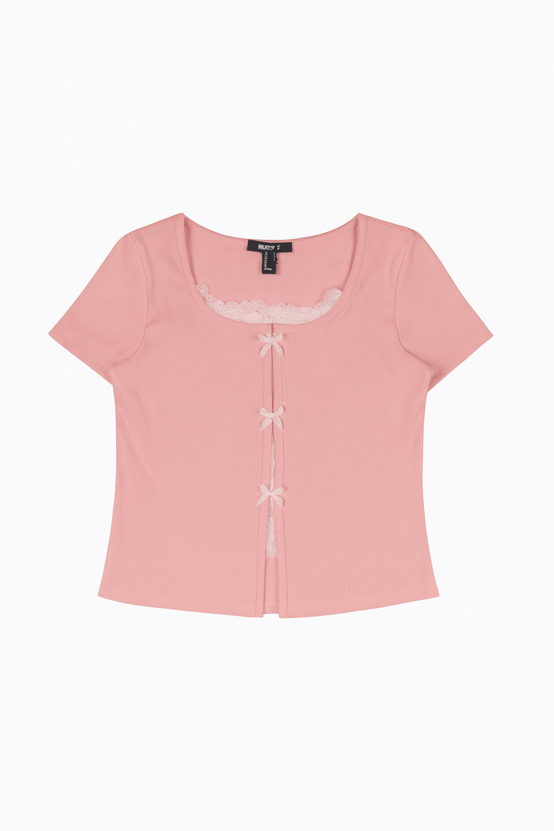 Ribbed Lace-Trim Bow Top