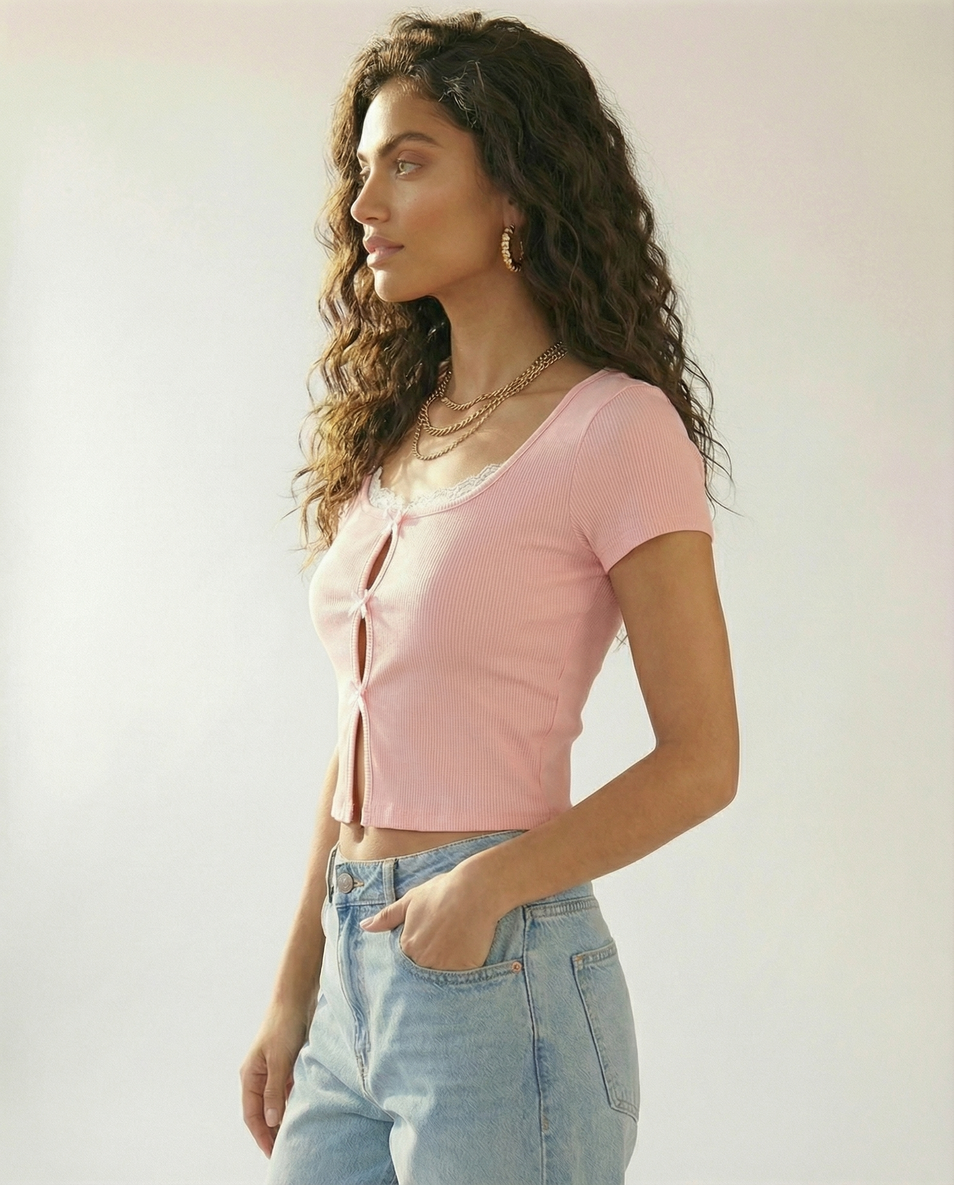 Ribbed Lace-Trim Bow Top