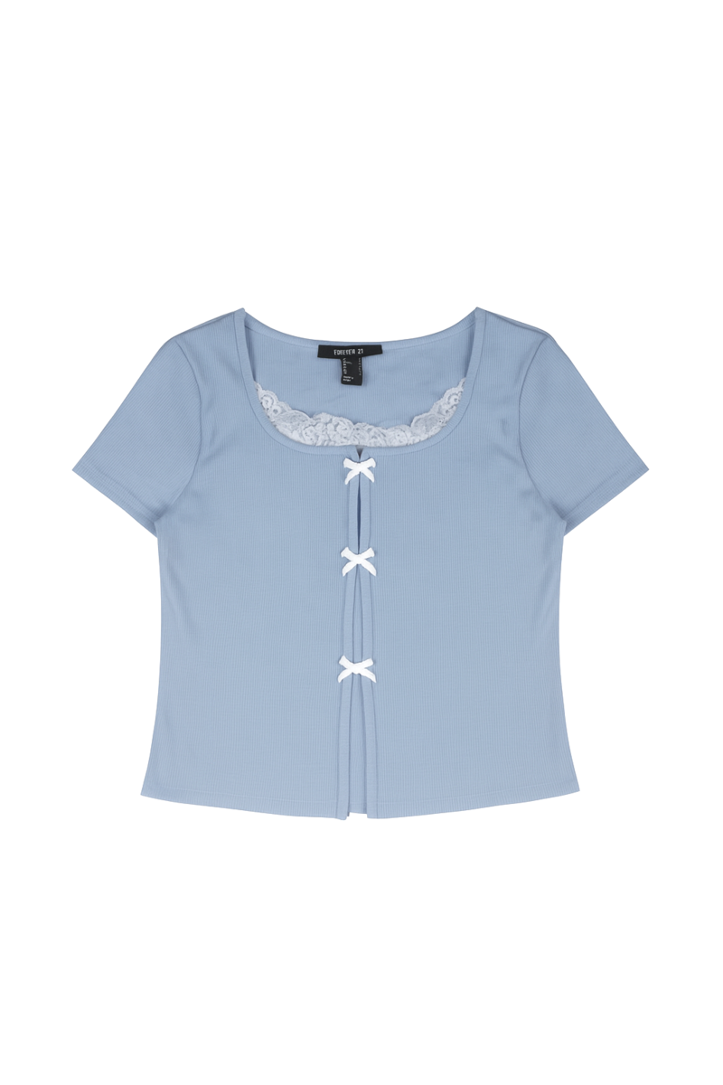 Ribbed Lace-Trim Bow Top