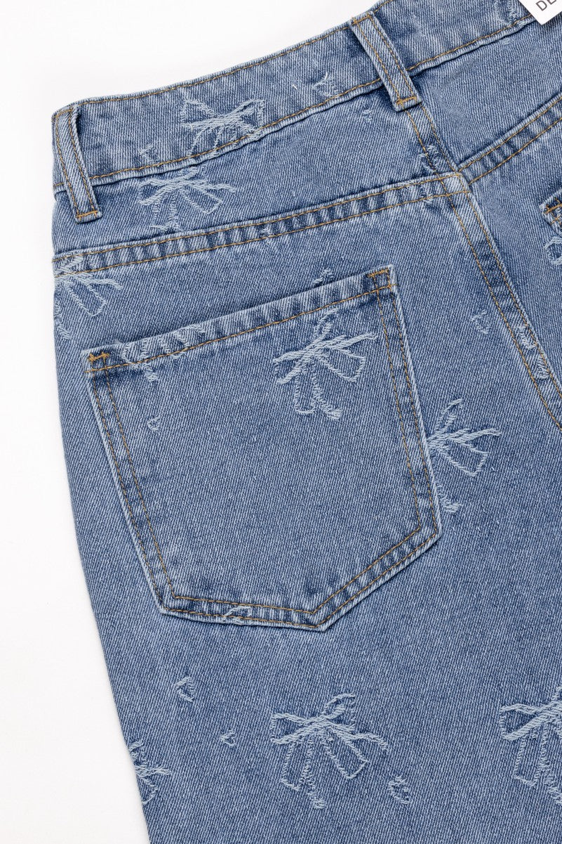 Embroidered Bow Print Wide-Leg Jeans