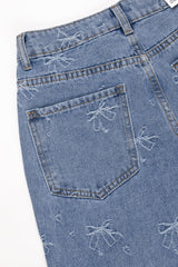 Embroidered Bow Print Wide-Leg Jeans