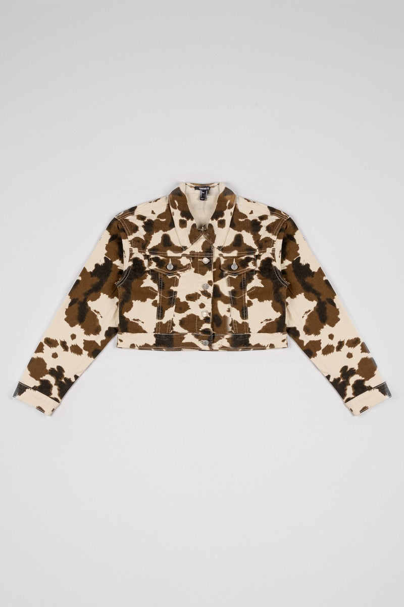 Cropped Cow Print Denim Jacket