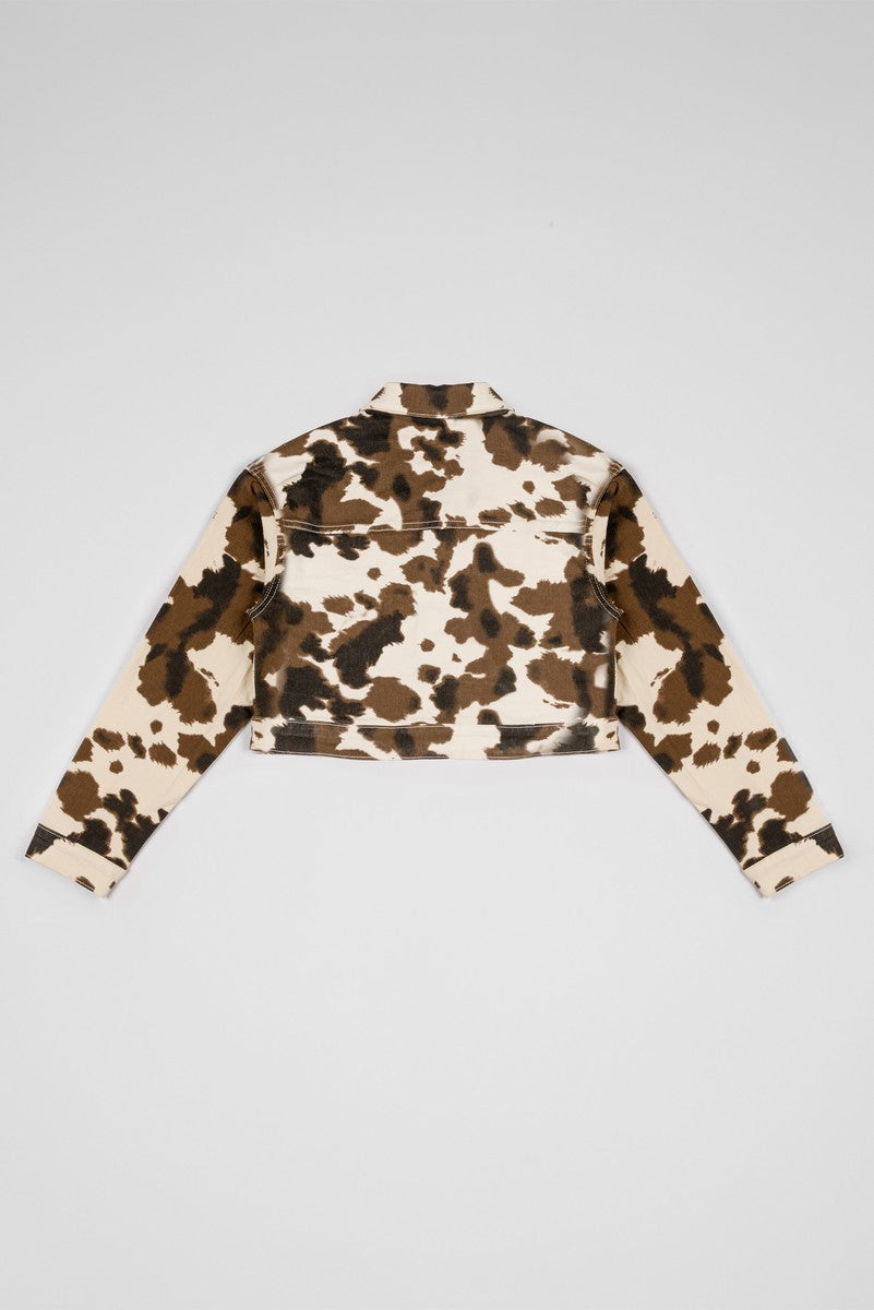 Cropped Cow Print Denim Jacket