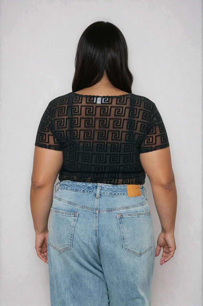 Plus Size Geometric Pattern Mesh Bodysuit
