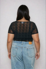 Plus Size Geometric Pattern Mesh Bodysuit
