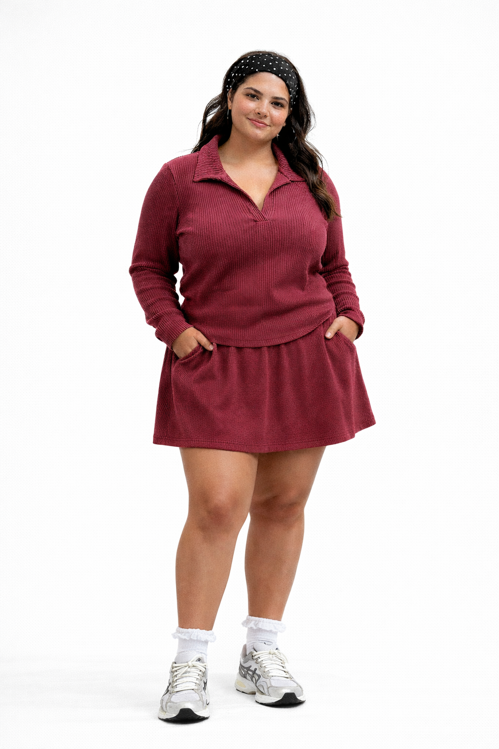 Plus Size Ribbed Long Sleeve Polo And Skort Set