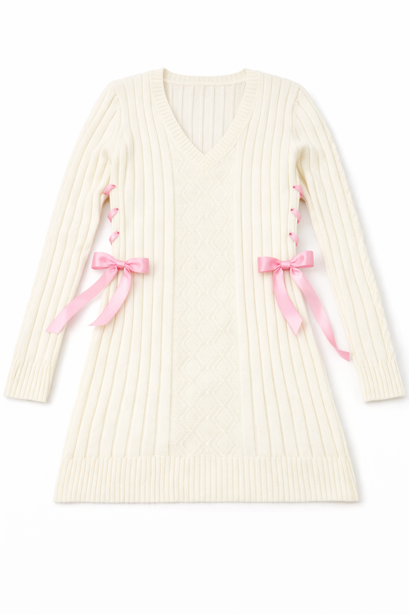 Cable Knit Lace-Up Ribbon Mini Dress