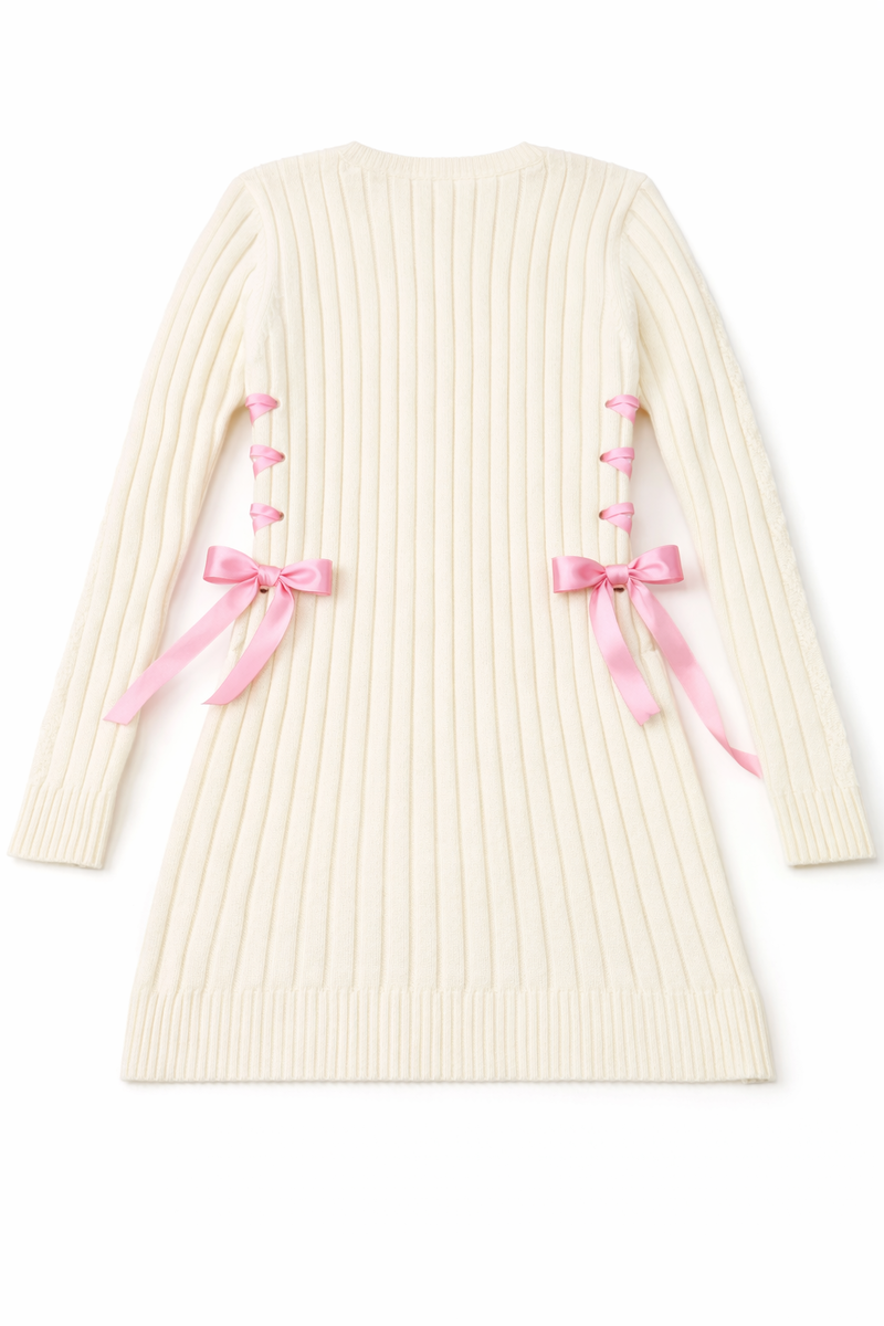 Cable Knit Lace-Up Ribbon Mini Dress