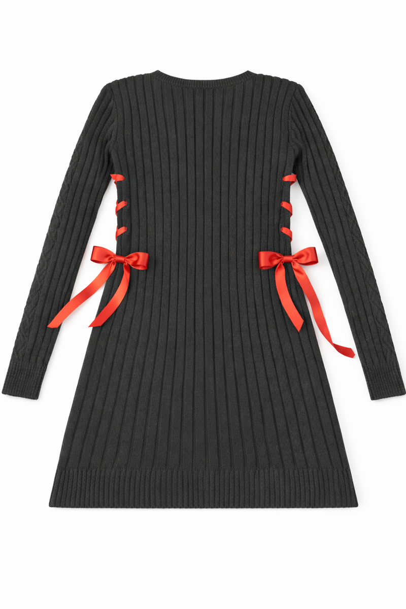 Cable Knit Lace-Up Ribbon Mini Dress
