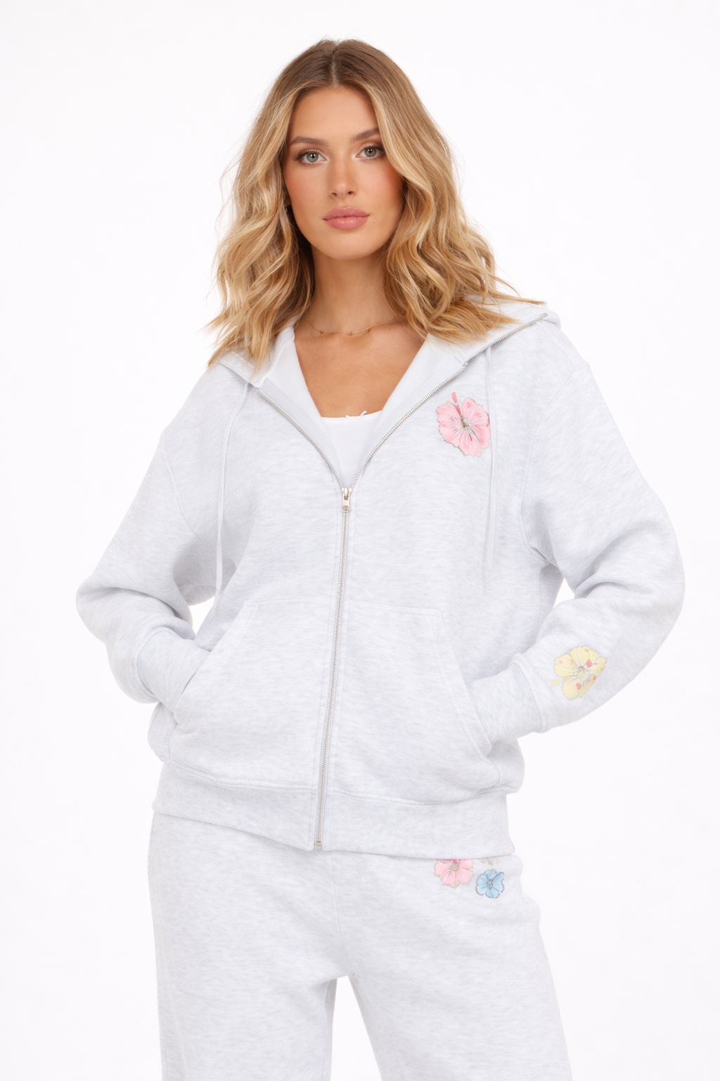 Zip front oversized floral print hoodie