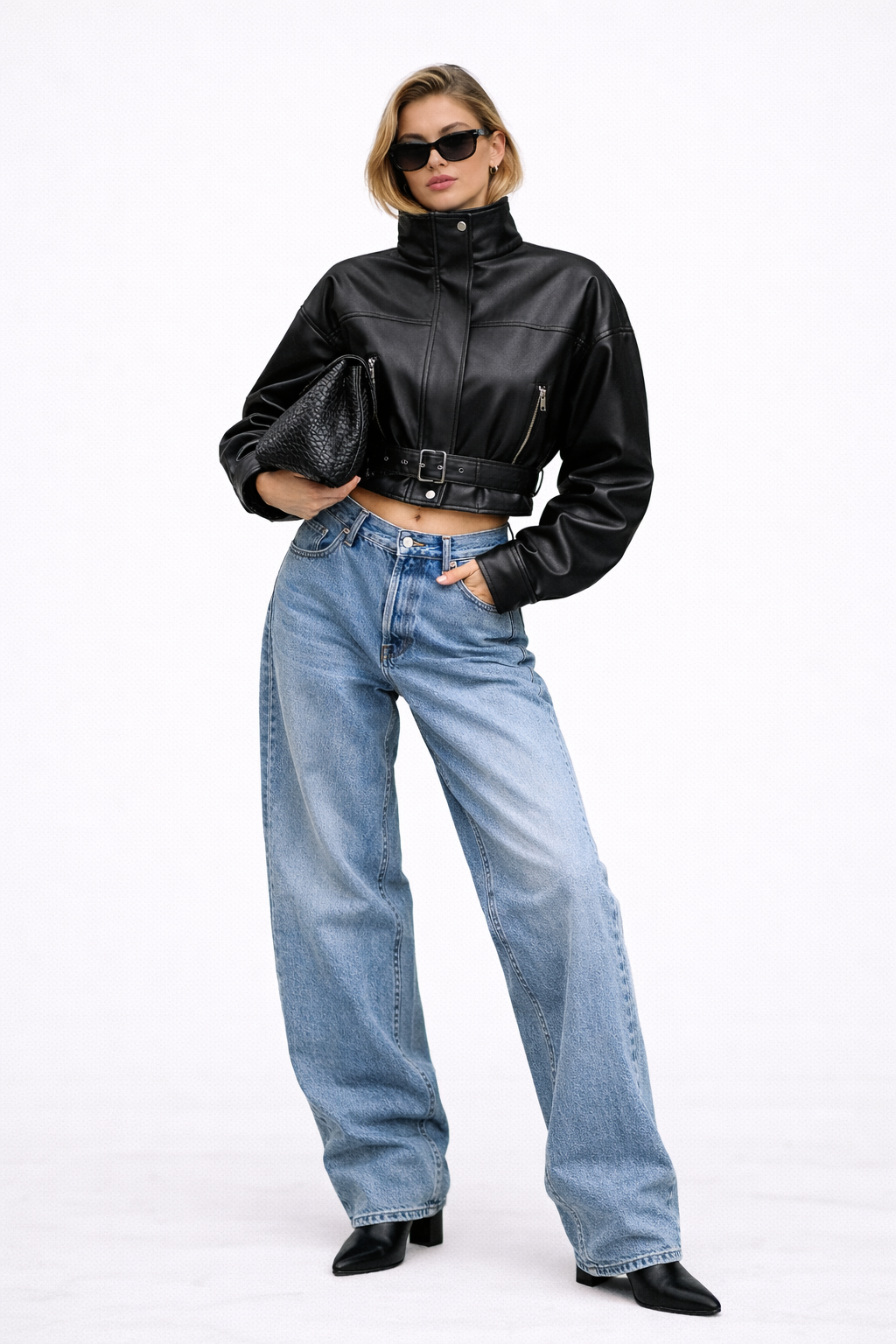 Faux Leather Belted Cropped Jacket
