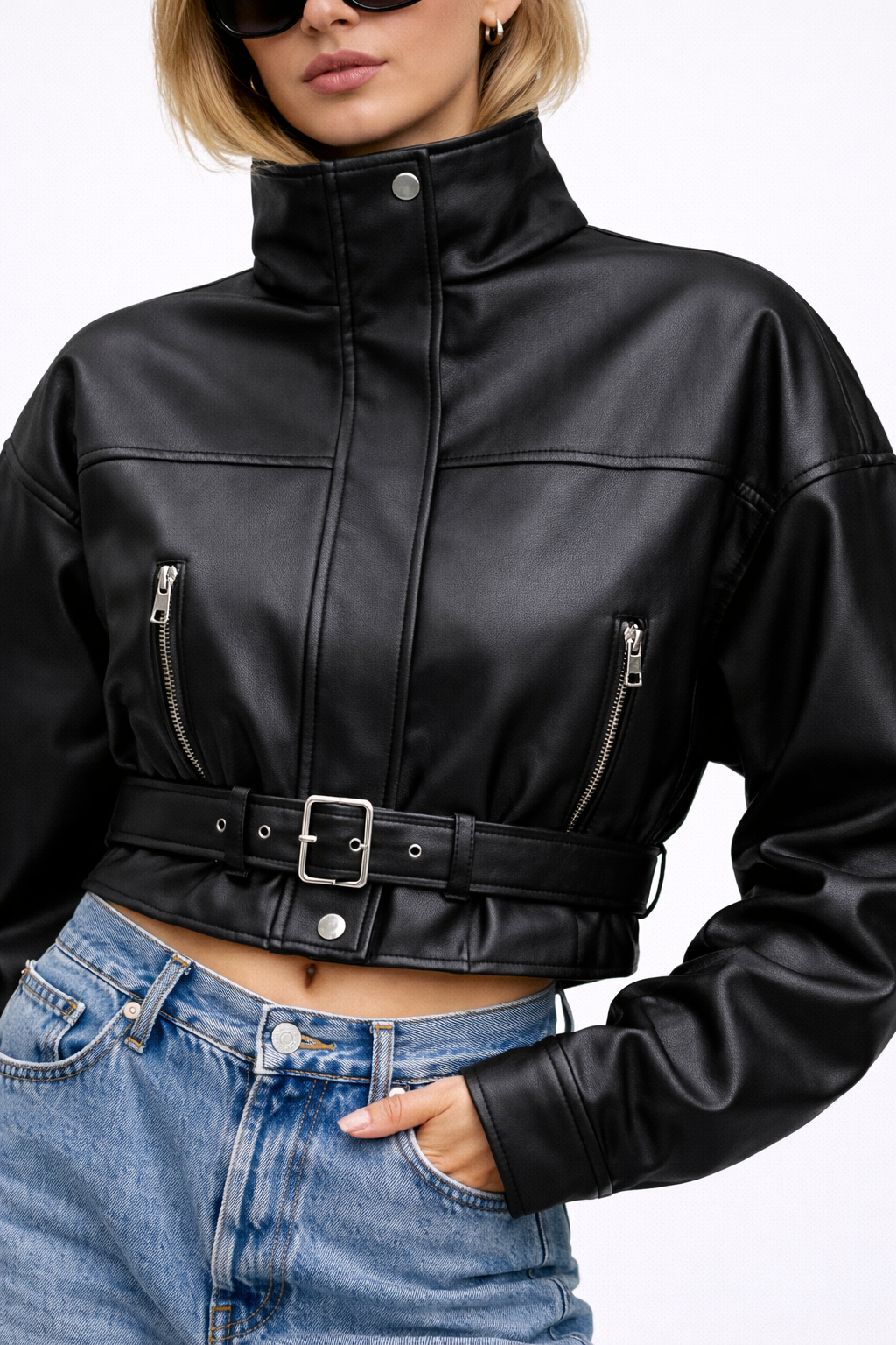 Faux Leather Belted Cropped Jacket