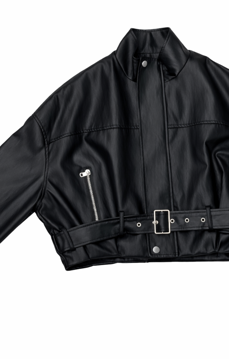 Faux Leather Belted Cropped Jacket