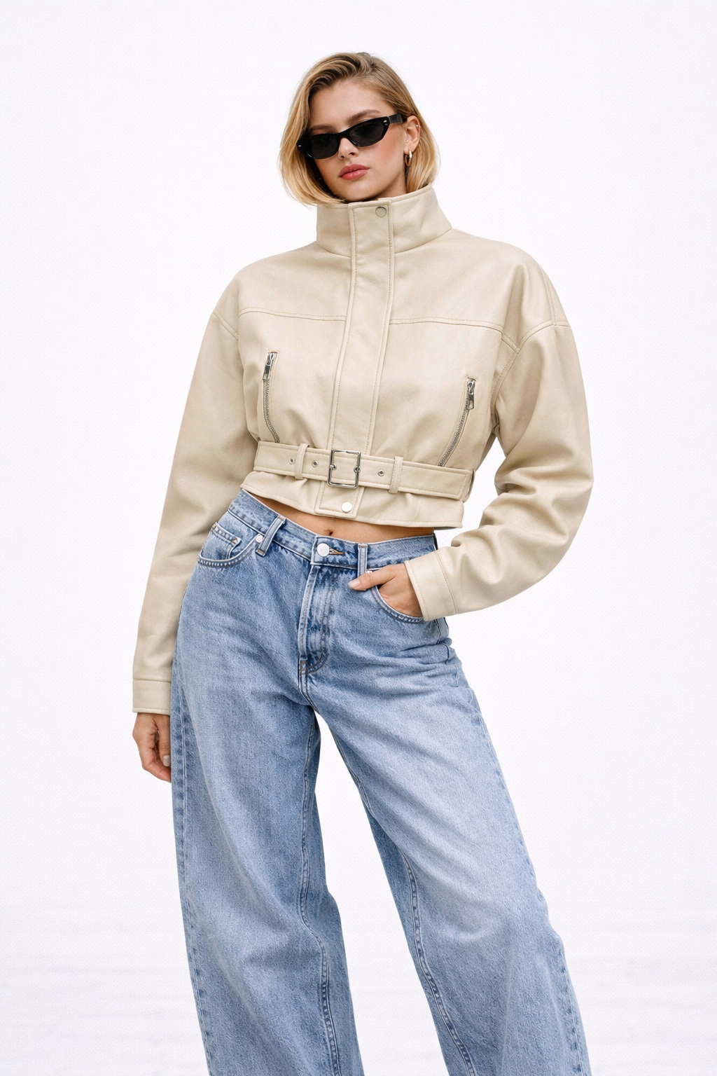 Faux Leather Belted Cropped Jacket