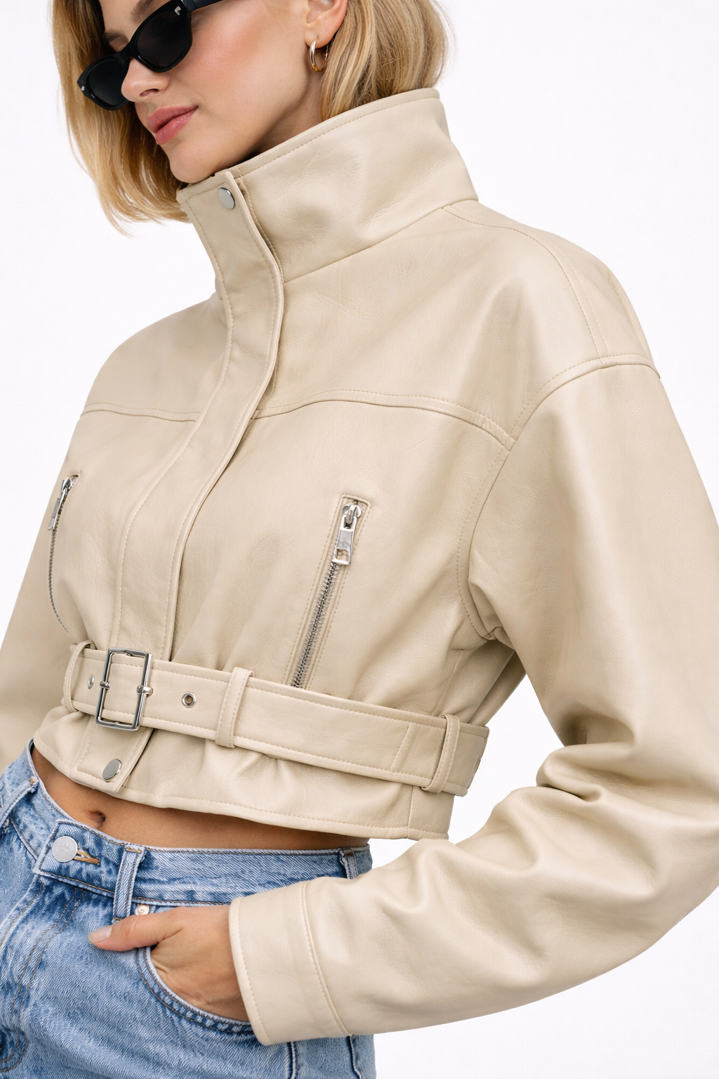 Faux Leather Belted Cropped Jacket
