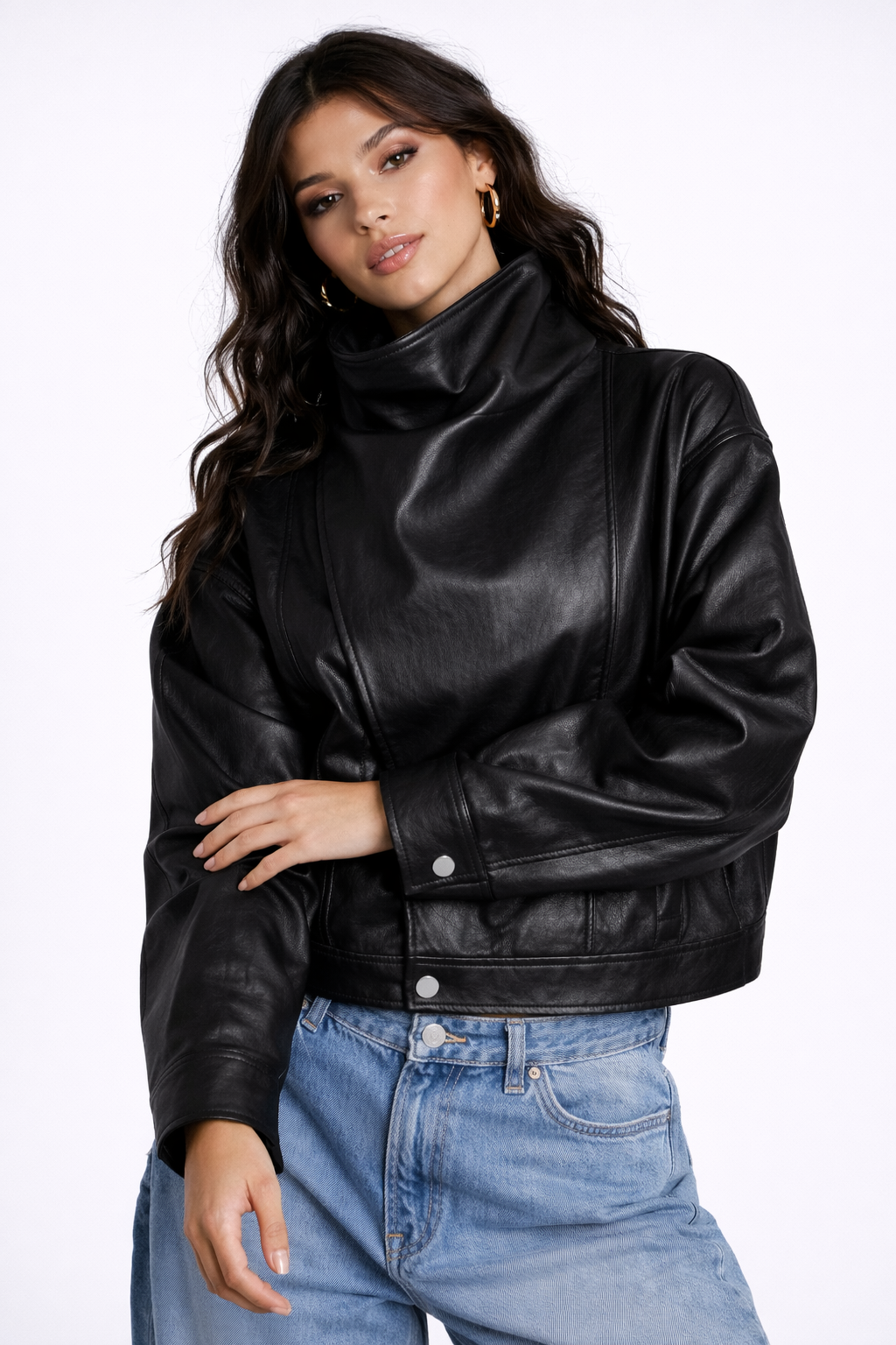 Faux Leather Funnel Neck Jacket