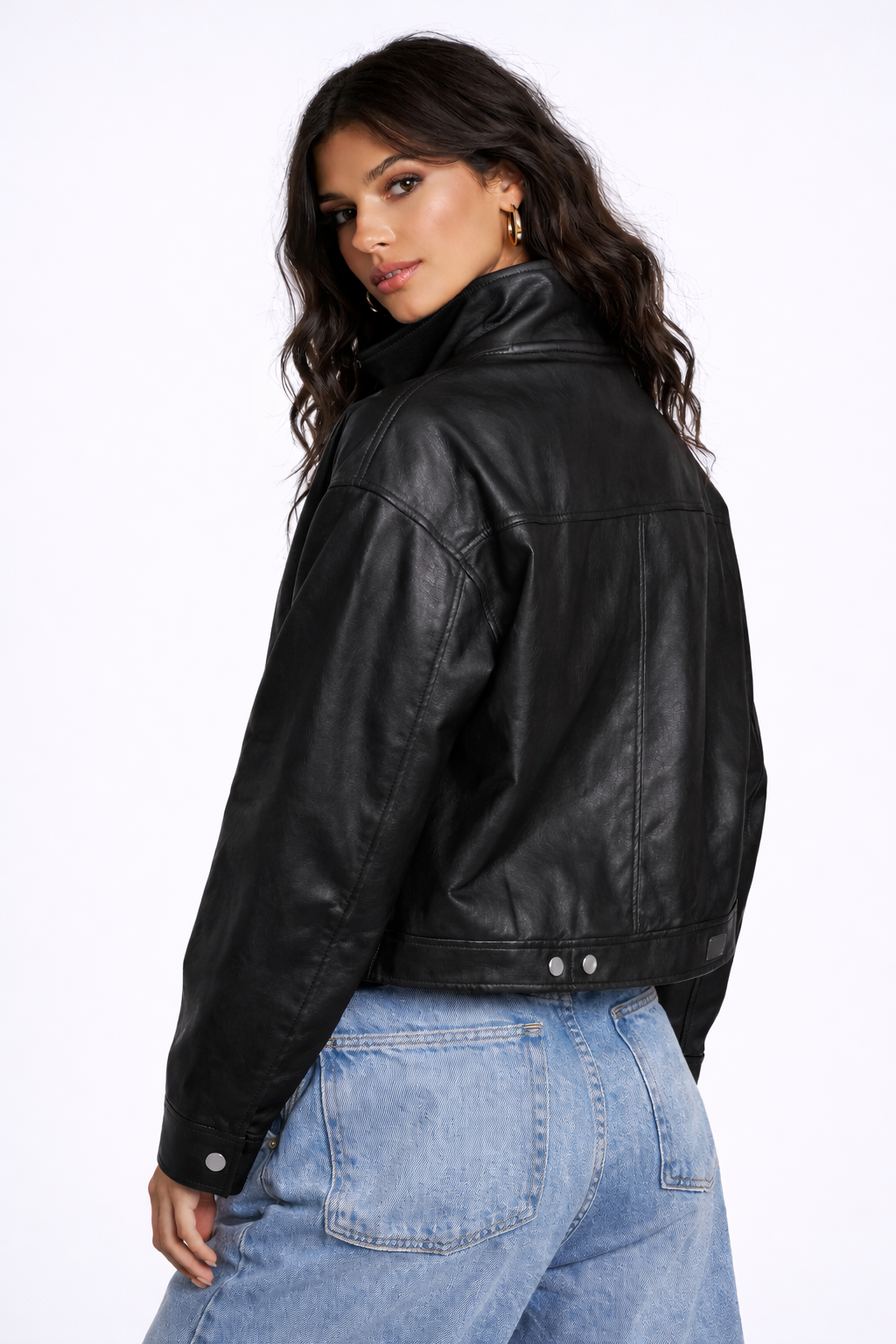 Faux Leather Funnel Neck Jacket