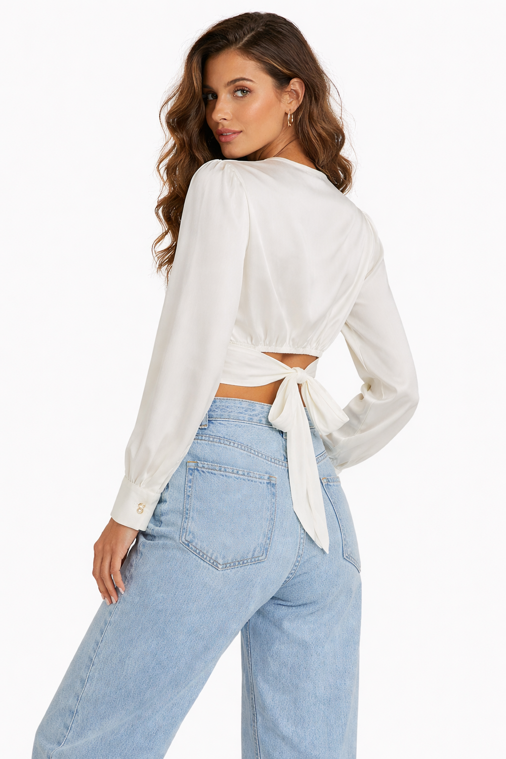 Satin Tie Back Cropped Blouse