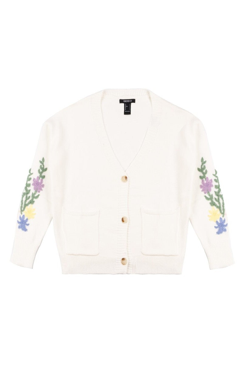 Floral Embroidered-Sleeve Cropped Cardigan