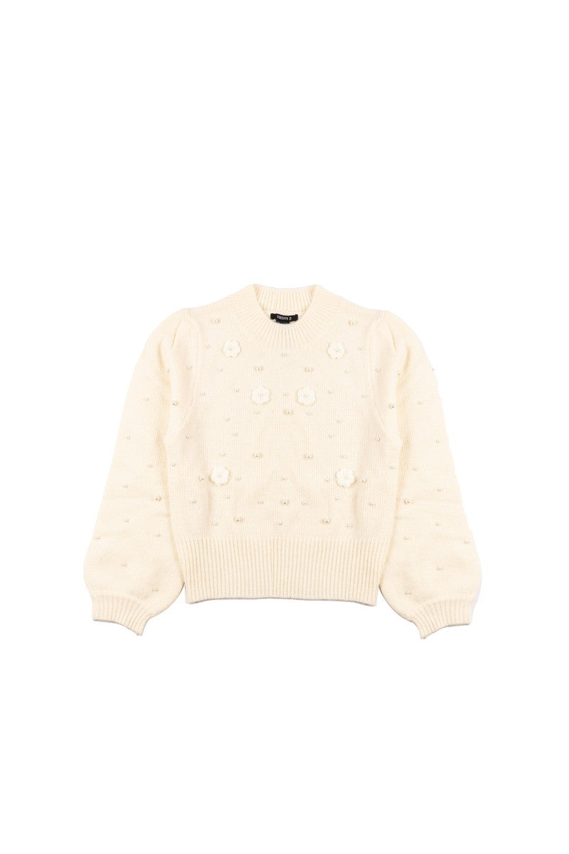Floral Appliqué Faux Pearl Sweater