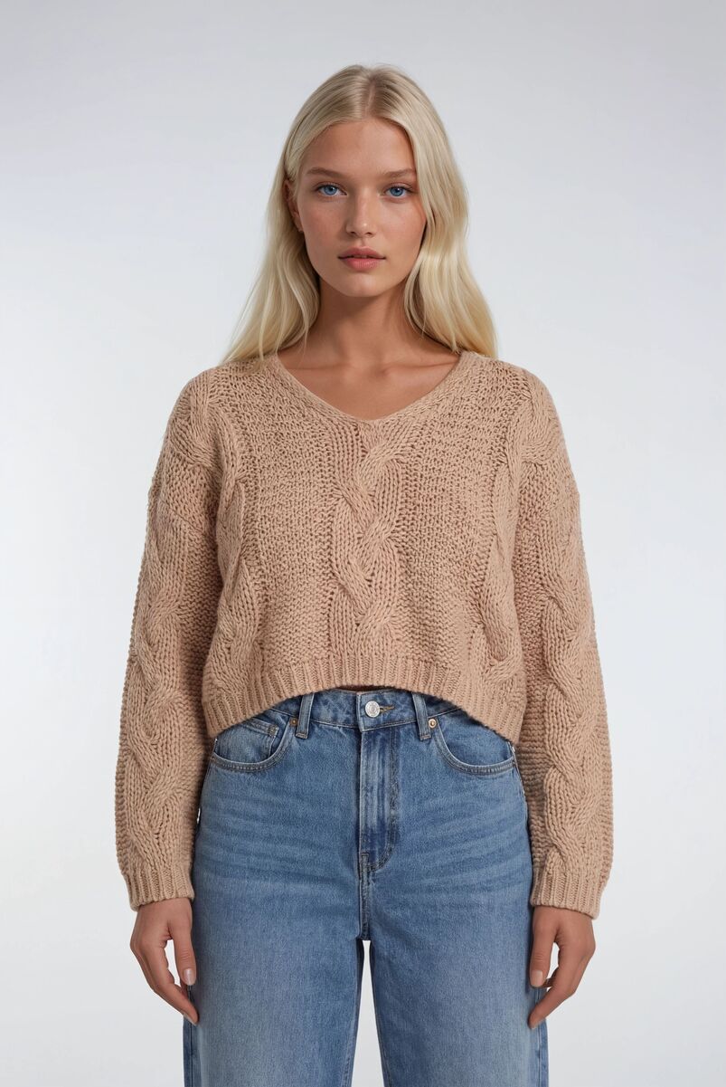 V-Neck Cable Knit Sweater