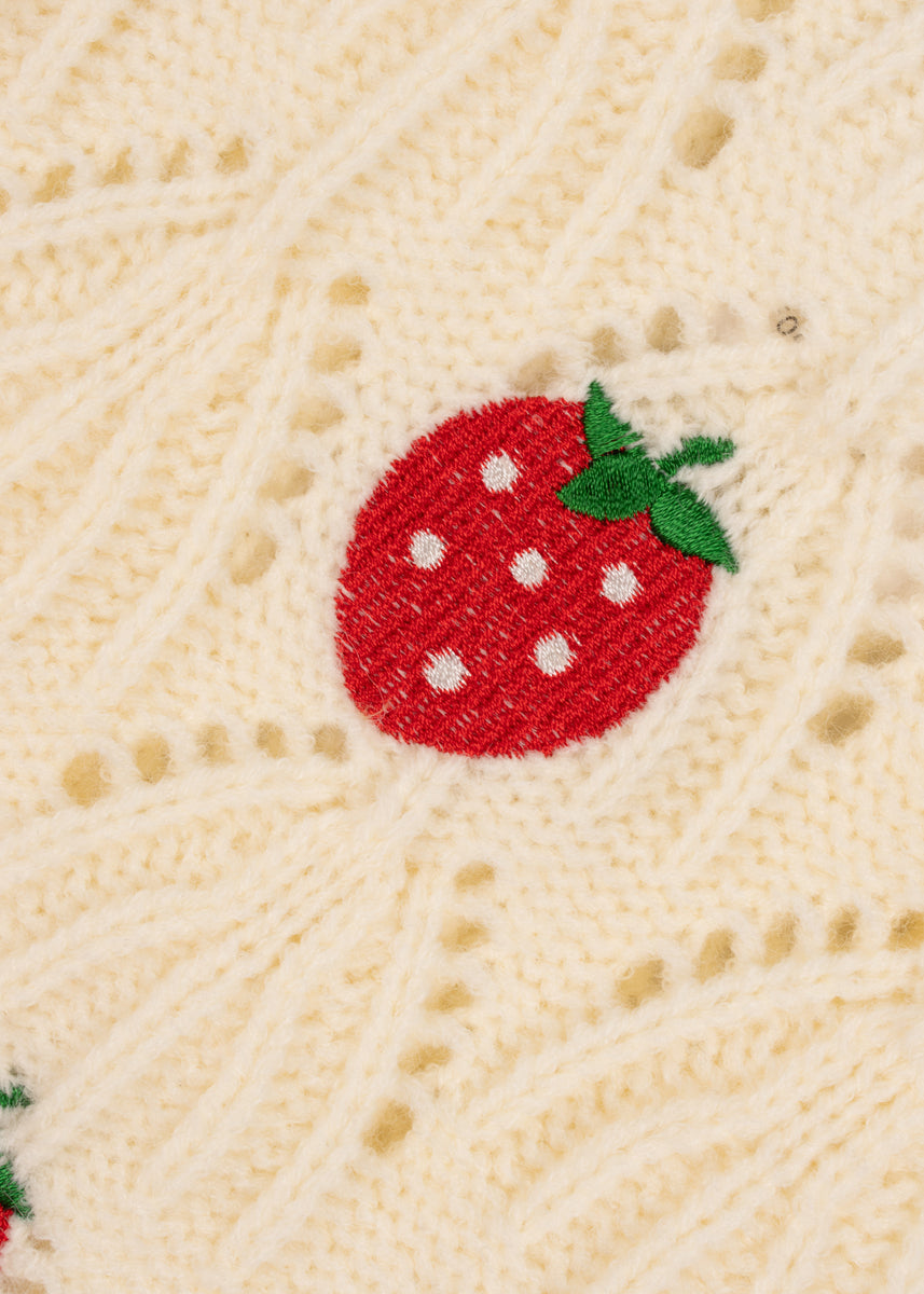 Embroidered Strawberry Cropped Pointelle Sweater