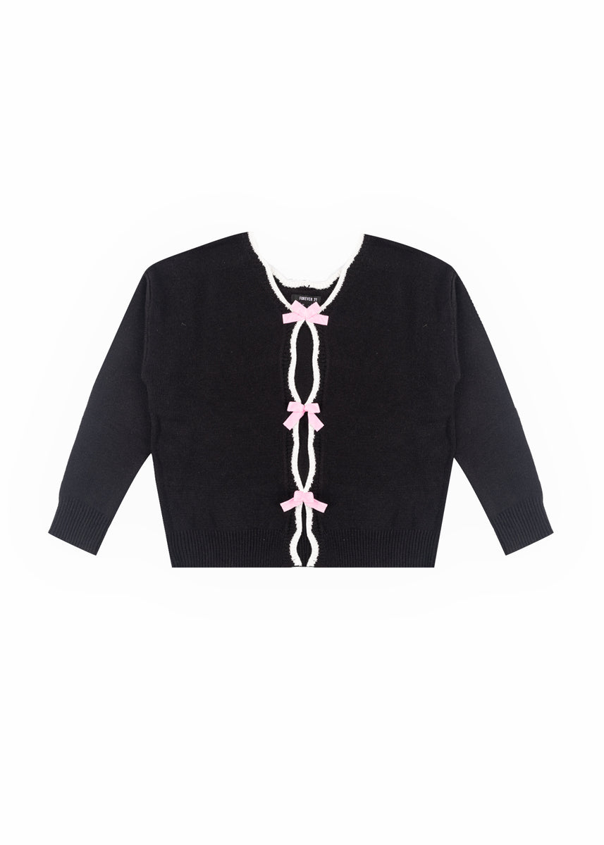 Velvet Bow Open-Front Knit Sweater